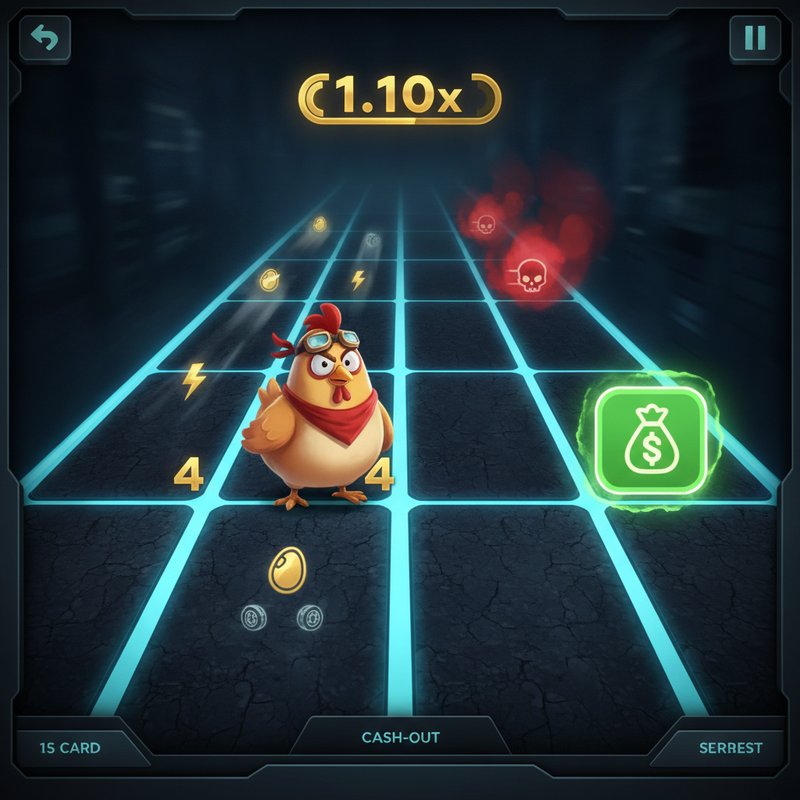 Momento del cash-out in Chicken Road 2 — il pollo è alla corsia 4 con moltiplicatore cumulativo 1.10x e pulsante di incasso evidenziato
