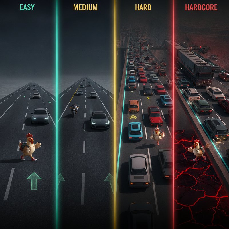 Confronto visivo dei 4 livelli di difficoltà di Chicken Road 2 — Easy, Medium, Hard e Hardcore con densità del traffico crescente
