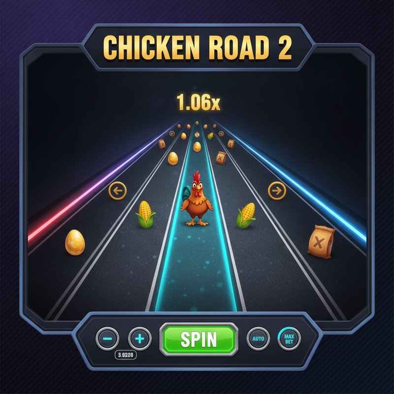 Schermata di gioco Chicken Road 2 — il pollo avanza sulla terza corsia con moltiplicatore 1.06x attivo e pannello puntate visibile