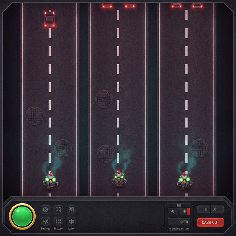 Panoramica completa dell'interfaccia di Chicken Road 2 — le tre zone del campo di gioco con corsie, tombini e pannello controlli in basso