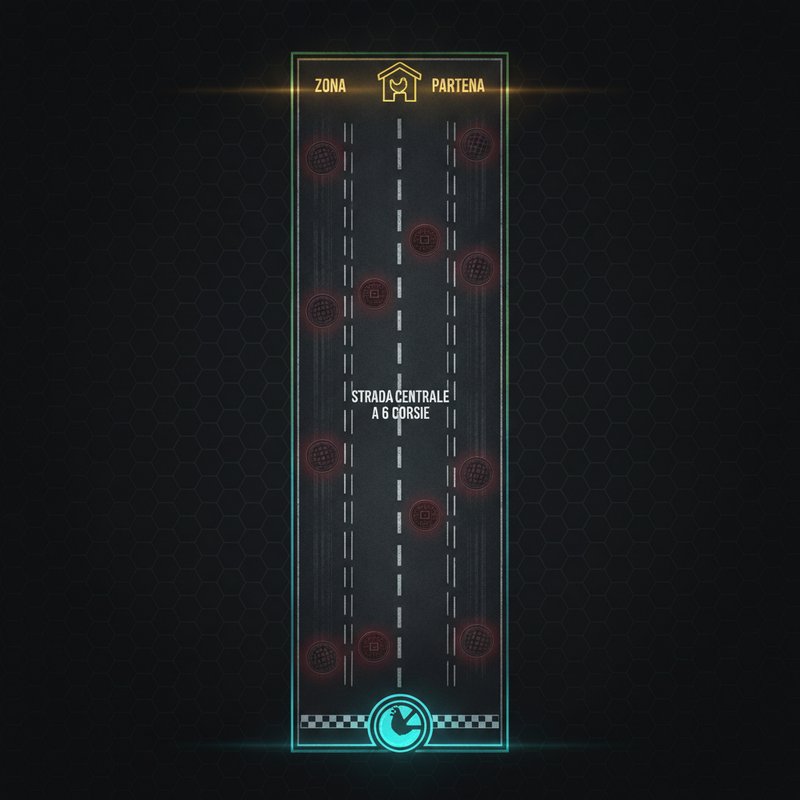 Diagramma delle tre zone di gioco in Chicken Road 2 — zona partenza, strada centrale a 6 corsie e zona arrivo con indicazione dei tombini
