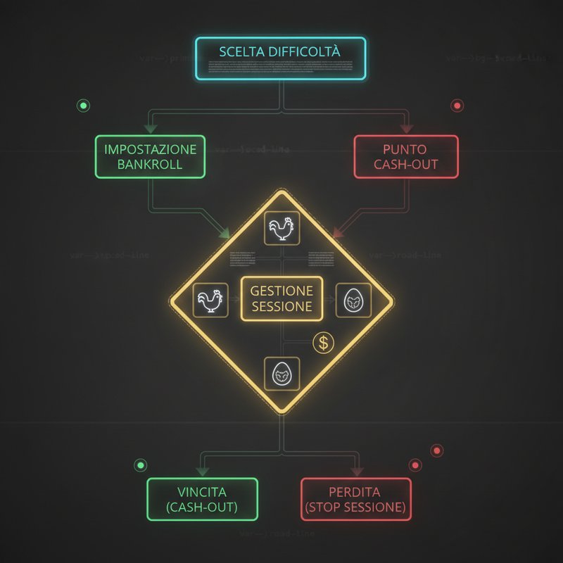 Diagramma di flusso della strategia ottimale per Chicken Road 2 — scelta difficoltà, impostazione bankroll, punto cash-out e gestione sessione