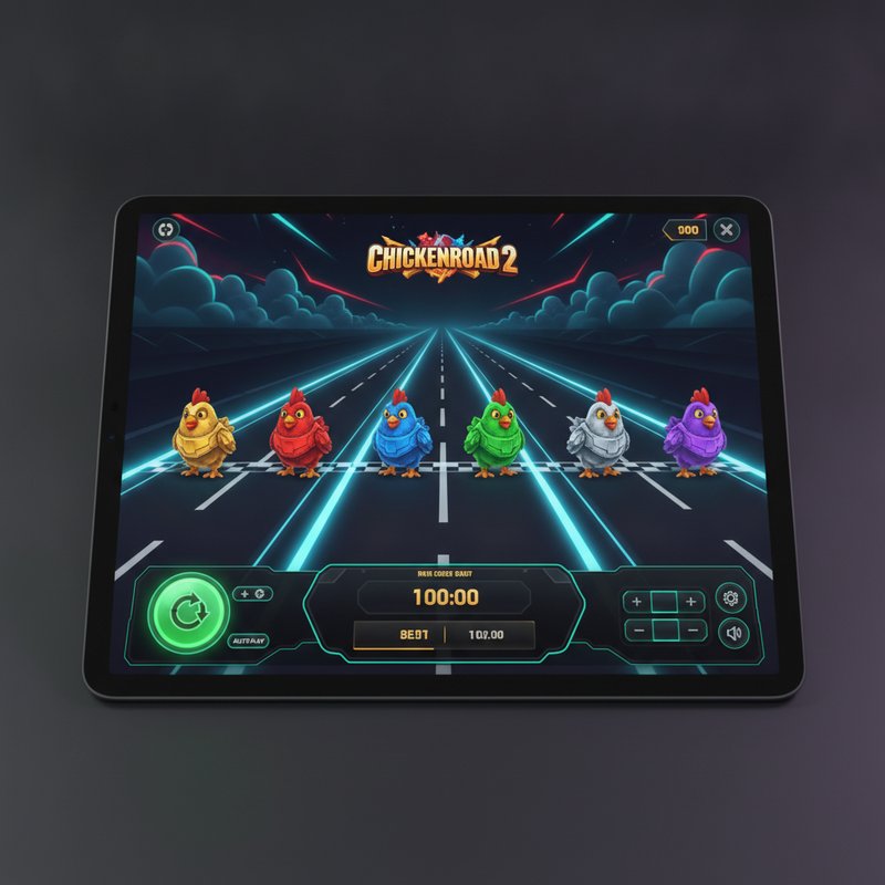 Chicken Road 2 su tablet in orientamento orizzontale — visuale completa della strada con tutte le 6 corsie e pannello controlli
